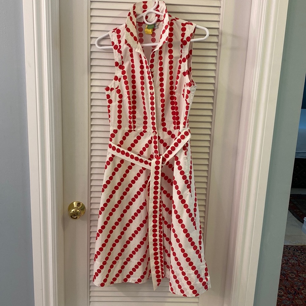 Boden pink polka-dot cotton-blend A-line belted sleeveless dress (6R) Stained!